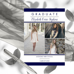 Simple Classy Three Photo Blue  White Graduation