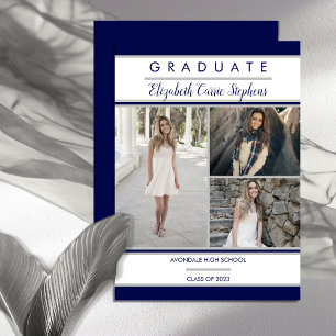 Simple Classy Three Photo Blue   White Graduation Announcement