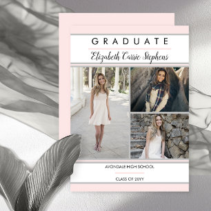 Simple Classy Three Photo Blush Pink Graduation Announcement