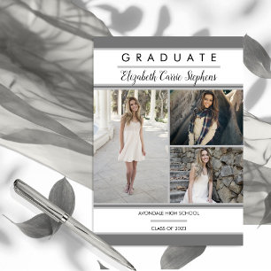 Simple Classy Three Photo Grey White Graduation