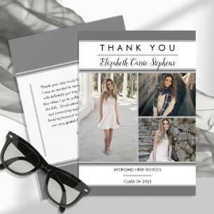 Simple Classy Three Photo Grey   White Graduation Thank You Card