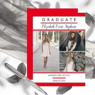 Simple Classy Three Photo Red Graduation Announcement
