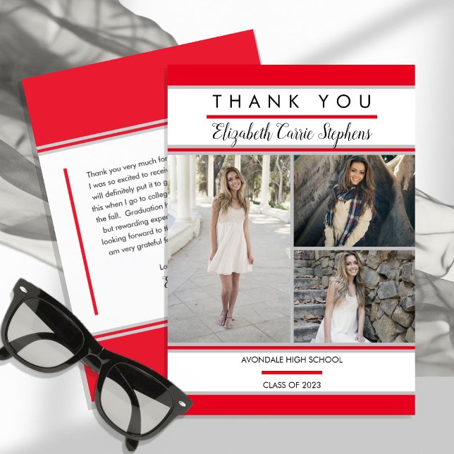 Simple Classy Three Photo Red | White Graduation Thank You Card (Creator Uploaded)