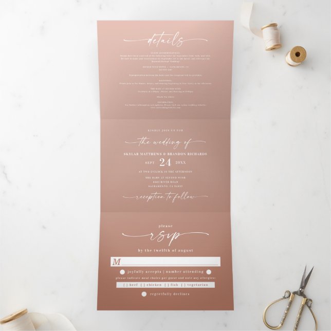 Simple Clay Terracotta & Blush Pink Ombre Wedding Tri-Fold Invitation (Inside)
