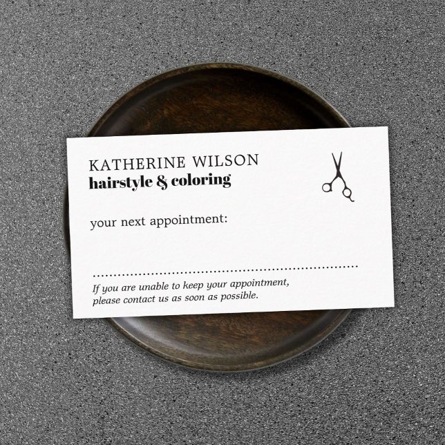 Simple Clean Black White Scissors Hair Salon Appointment Card (Creator Uploaded)