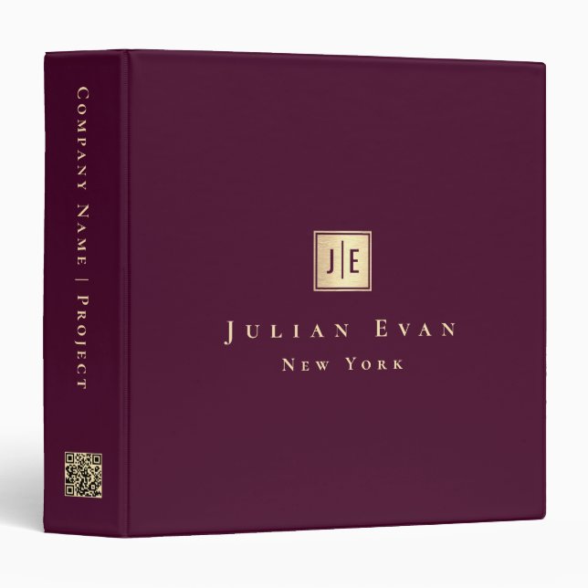 Simple Clean Burgundy Wine Gold Qr code Monogram Binder (Front/Spine)