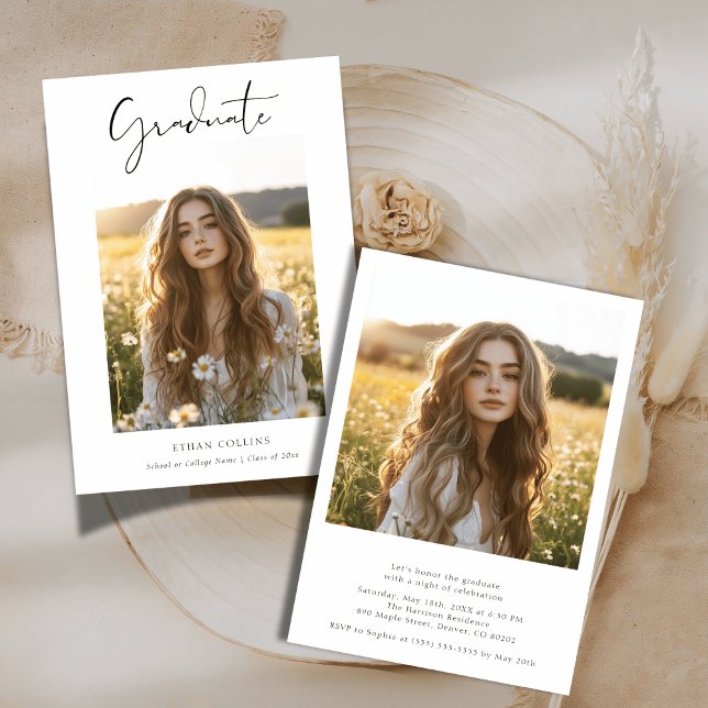 Simple Clean Classic Boho 2 Photo Cheap Graduation Invitation (Creator Uploaded)