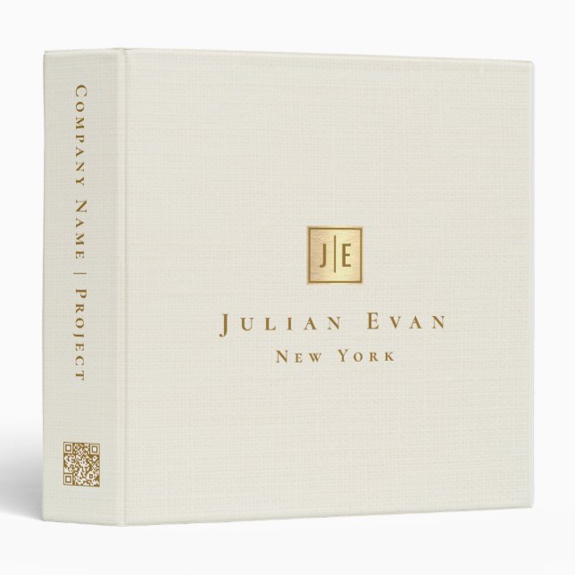 Simple Clean Ivory White Gold Qr code Monogram Binder (Front/Spine)