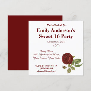 Simple Clean Red Rose Sweet 16 Birthday Invitation