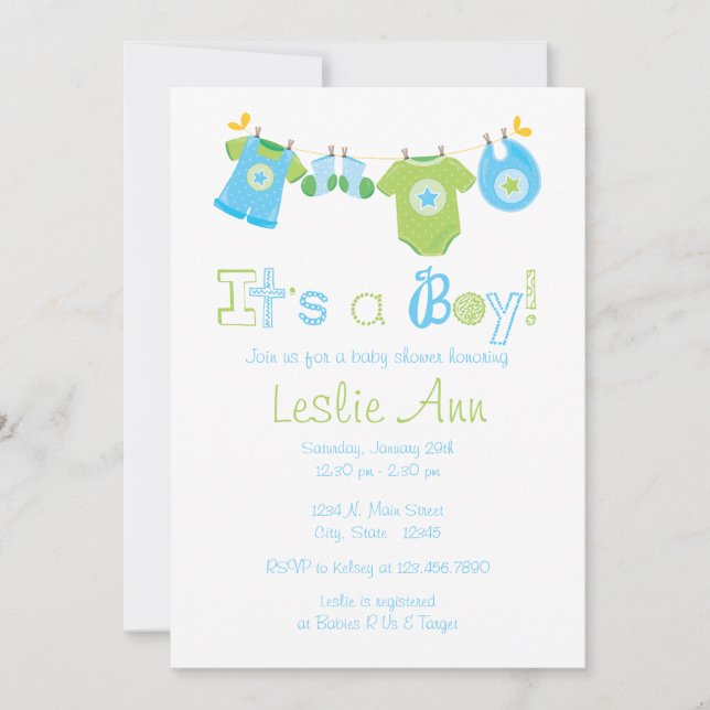 Simple Clothesline Boy Baby Shower Invitation (Front)