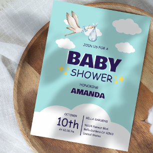 Simple Cloud Stork Green Sky Baby Shower Invitation
