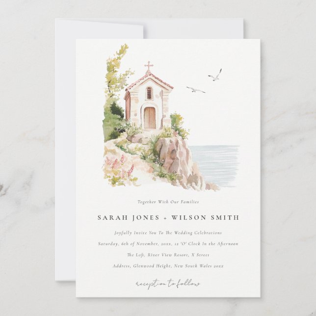 Simple Coastal Catholic Watercolor Church Wedding Invitation (Front)
