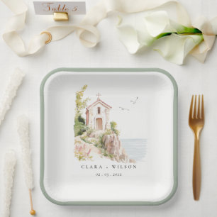 Simple Coastal Catholic Watercolor Church Wedding Paper Plate
