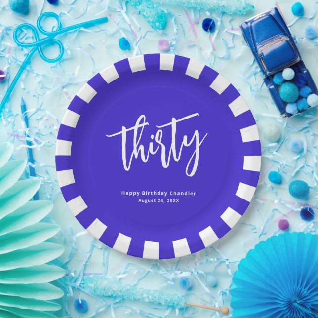Simple Cobalt Blue and White 30th Birthday Party Paper Plate (Party)