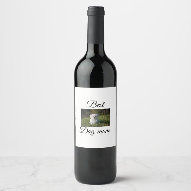 Simple colourful animal add name photo dog mom gif wine label (Front)
