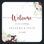 Simple Colourful Classic Floral Wedding Welcome   Square Sticker<br><div class="desc">This simple colourful classic floral wedding welcome square sticker is perfect for a rustic wedding. The design features burgundy,  pink,  blush and white watercolor flowers with green leaves and red berries neatly bunched into attractive bouquets.

These labels are perfect for hotel guest welcome bags and destination weddings.</div>