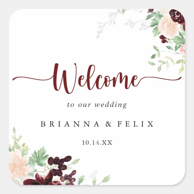 Simple Colourful Classic Floral Wedding Welcome   Square Sticker (Front)