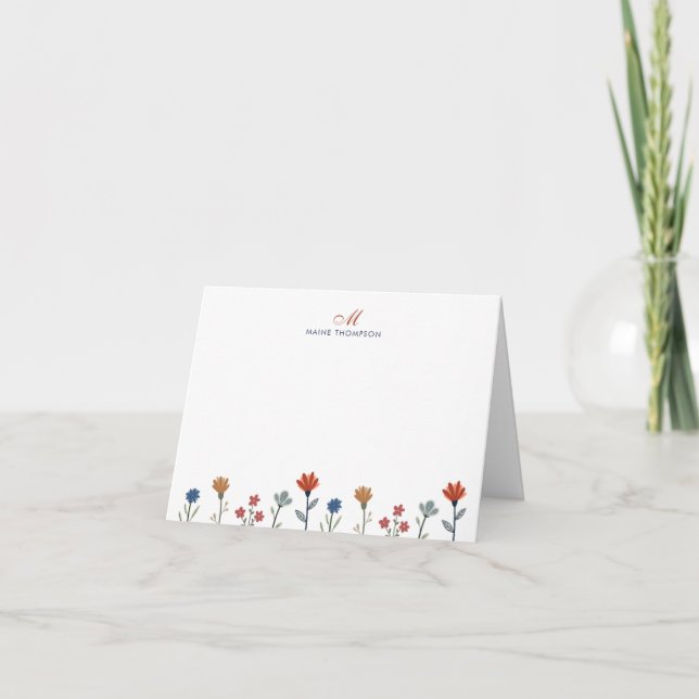 Simple Colourful Flowers Script Monogram Stripes Note Card (Front)