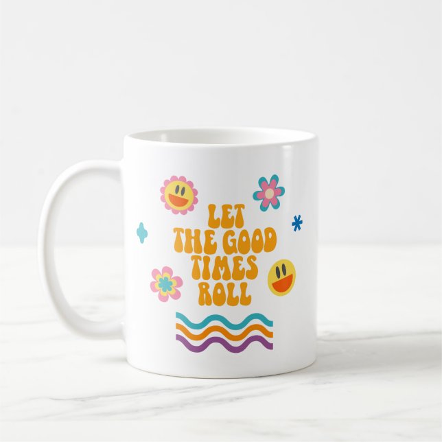 Simple Colourful Retro Smiley Flower Rainbow Fun Coffee Mug (Left)