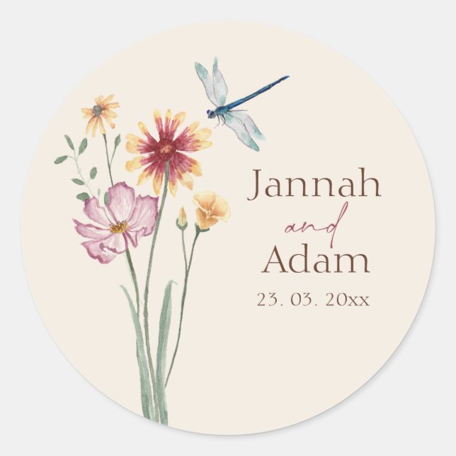 Simple Colourful Wildflower Floral Wedding Classic Round Sticker (Front)