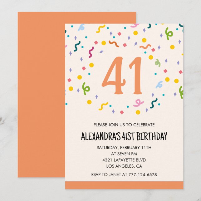 Simple Confetti 41st birthday invitations Modern (Front/Back)
