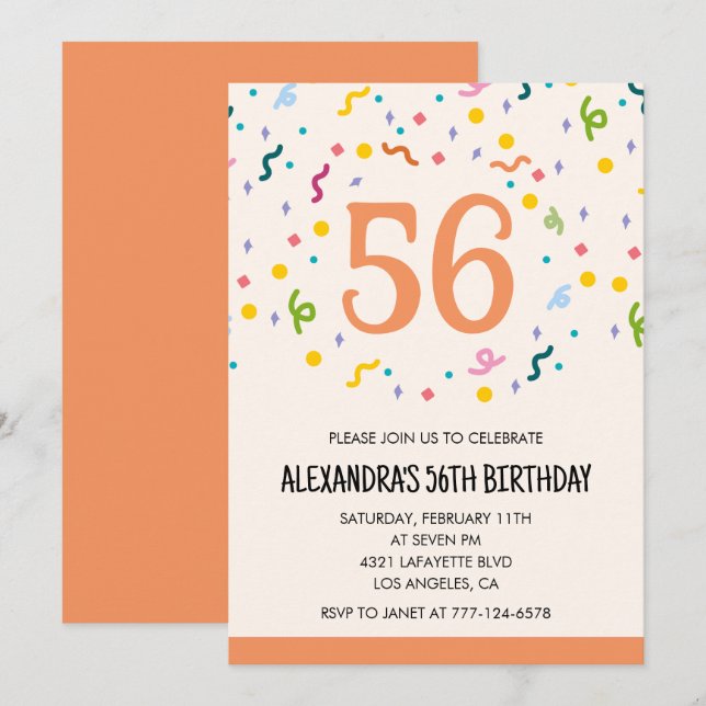 Simple Confetti 56th birthday invitations Modern (Front/Back)