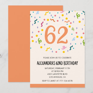 Simple Confetti 62nd birthday invitations Modern