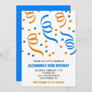Simple Confetti 63rd birthday invitations  Blue