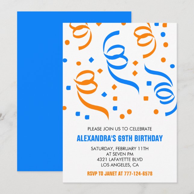 Simple Confetti 69th birthday invitations  Blue (Front/Back)