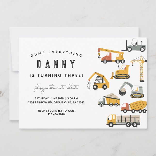 Simple Construction Truck Birthday Invitation (Front)