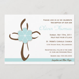 Simple Contemporary Cross with Blue Flower Invitation
