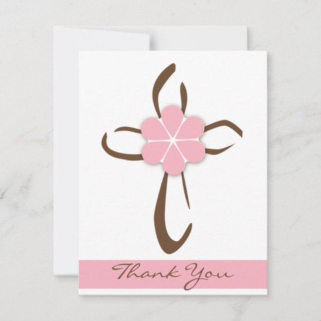 Simple Contemporary Cross with Pink Flower Note Thank You Card (Front)