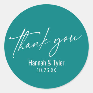 Simple Contemporary Handwriting Teal Thank You Classic Round Sticker