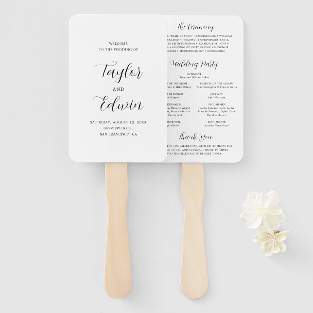 Simple Contemporary Modern Wedding Program Hand Fan (Front and Back)