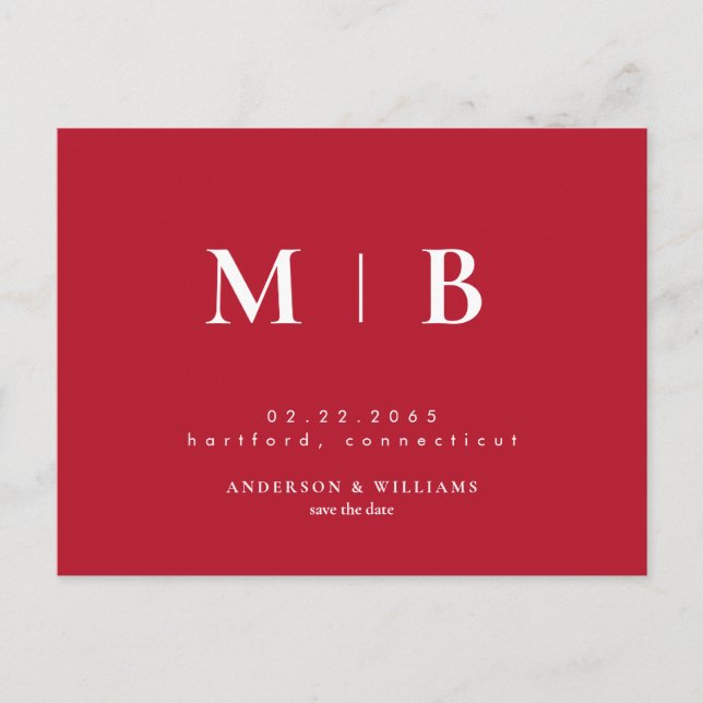 Simple Contemporary Monogram Red Save the Date  Announcement Postcard (Front)