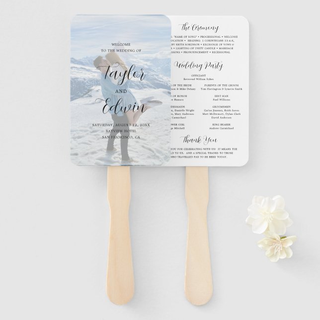 Simple Contemporary Photo Modern Wedding Program Hand Fan (Front and Back)