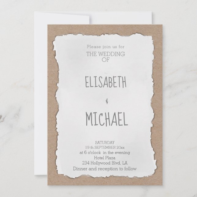 Simple contemporary torn paper cardboard invitation (Front)