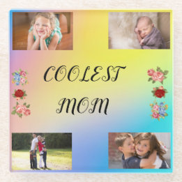 Simple Coolest Mom 4 photos Blue Pink Yellow Glass Coaster