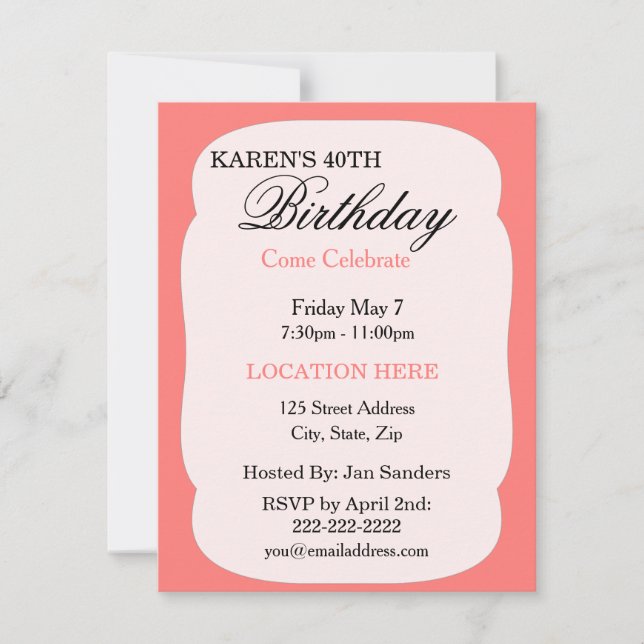 Simple Coral  Birthday Party Invitations (Front)
