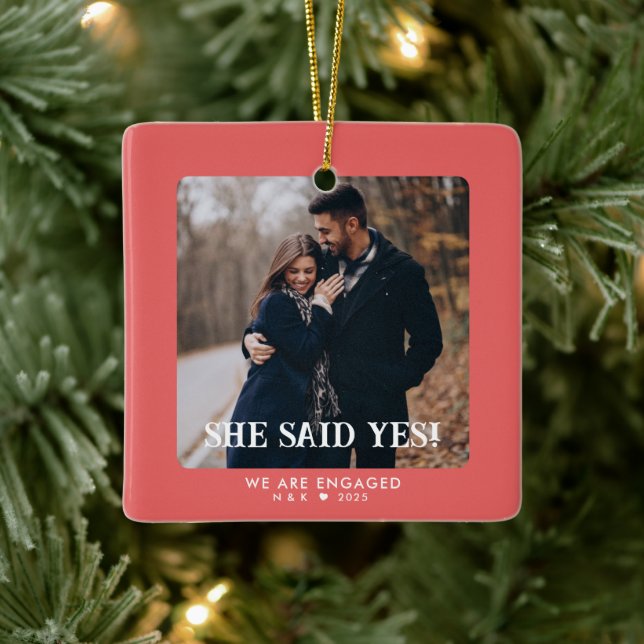 Simple Coral First Christmas Engaged Custom Photo Ceramic Ornament (Tree)