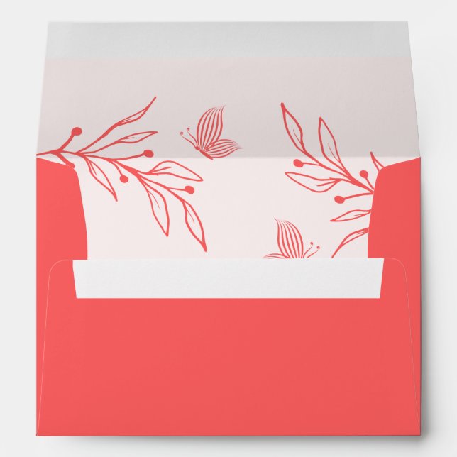 Simple coral pink botanical wedding envelope (Back (Bottom))