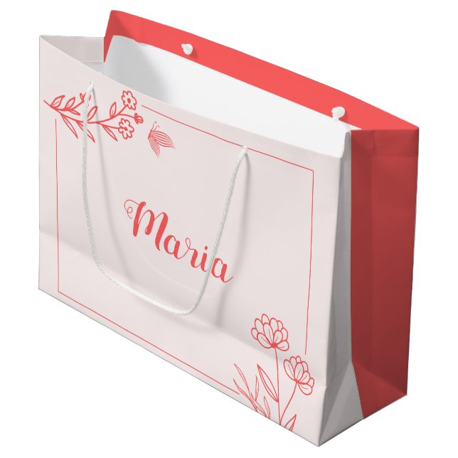 simple coral pink botanical wedding large gift bag (Front Angled)