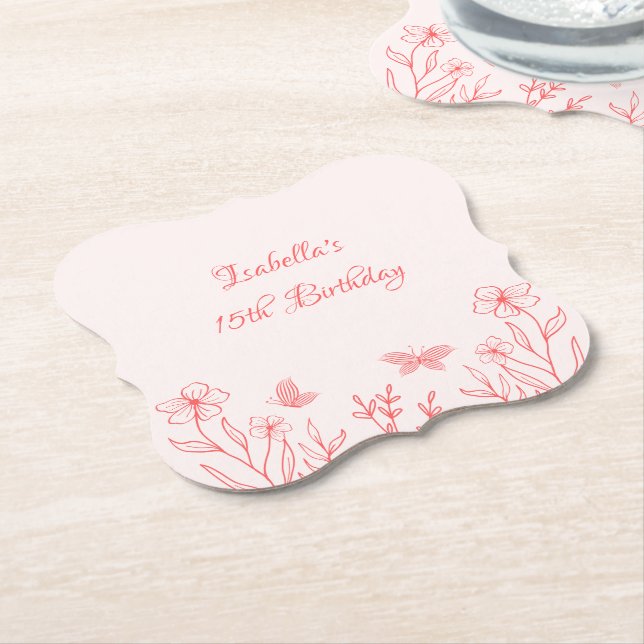 simple coral pink botanical wedding paper coaster (Angled)
