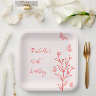 simple coral pink botanical wedding paper plate