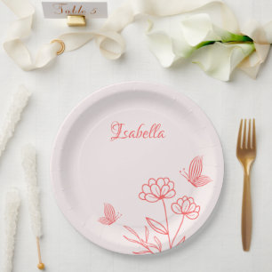 simple coral pink botanical wedding paper plate