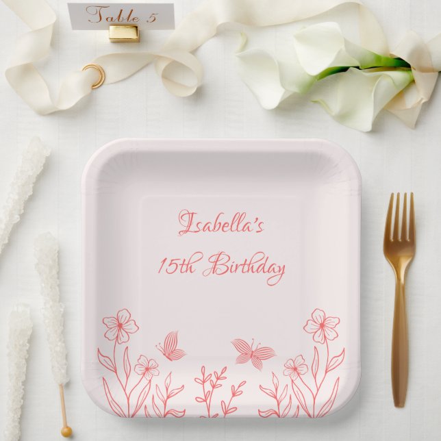 simple coral pink botanical wedding paper plate (Wedding)