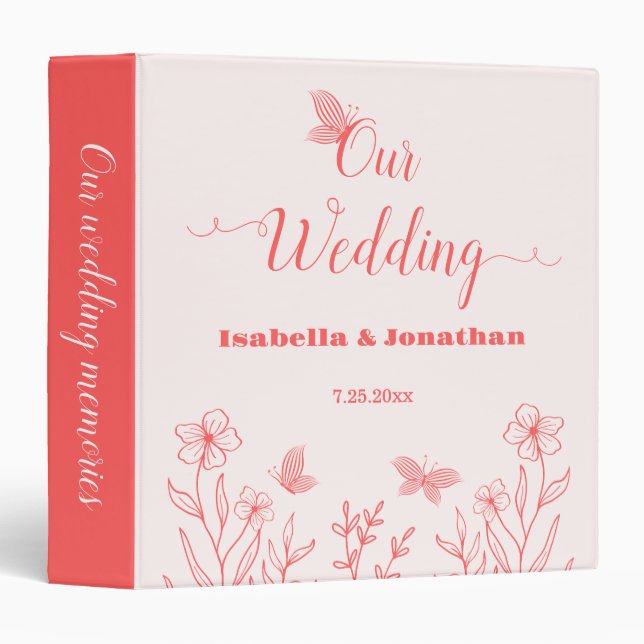 simple coral pink botanical wedding photo album binder (Front/Spine)