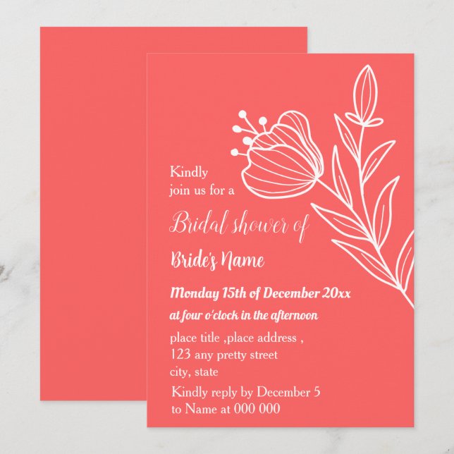 Simple coral pink floral bridal shower invitation (Front/Back)