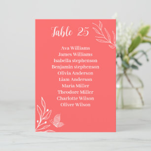 Simple coral pink floral seating chart card