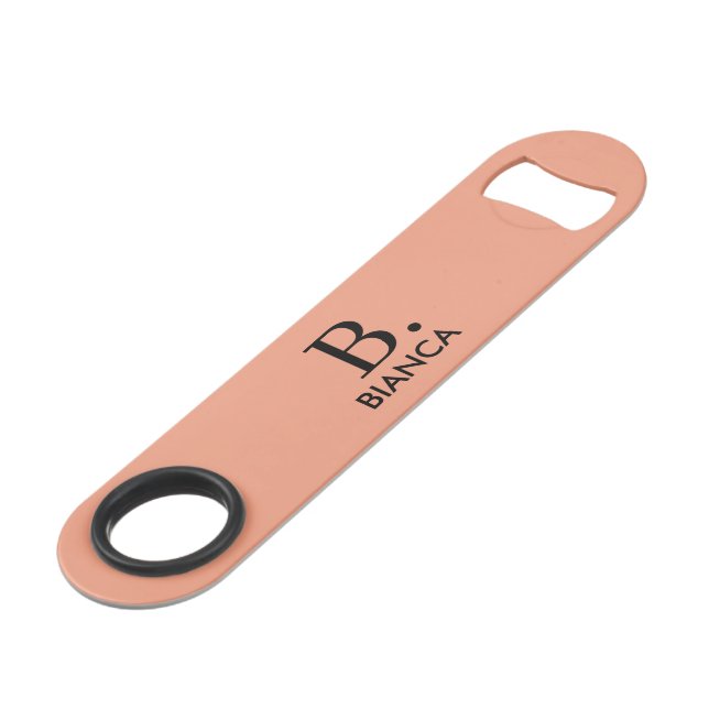 Simple coral pink minimalist monogram bar key (Front Angled)